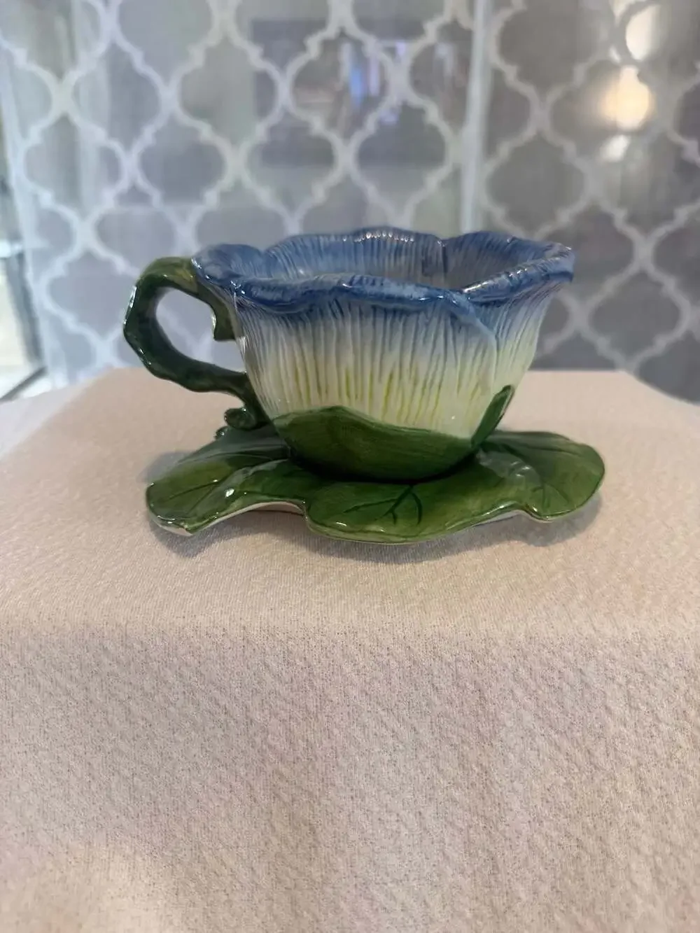 Lady Jayne 2005 Ceramic Blue Flower Teacup and Leaf Saucer Set